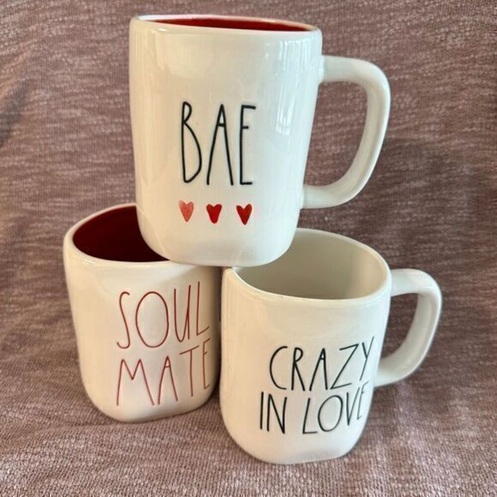 Rae Dunn CRAZY IN LOVE, BAE, SOUL MATE Artisan Magenta Love Set of 3 Mugs NEW - Picture 1 of 14